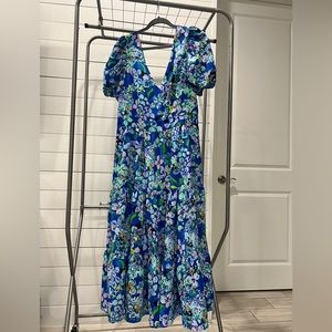 Lilly Pulitzer Grace Tiered Midi Dress Blue Grotto Twilight Tropics Size 14